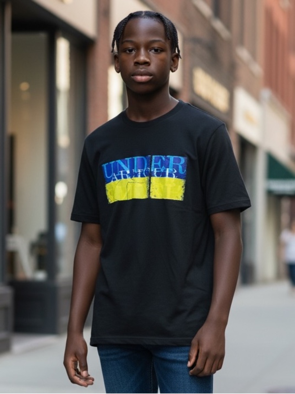 Under Armour Black T-Shirt with Blue and Yellow Block Logo